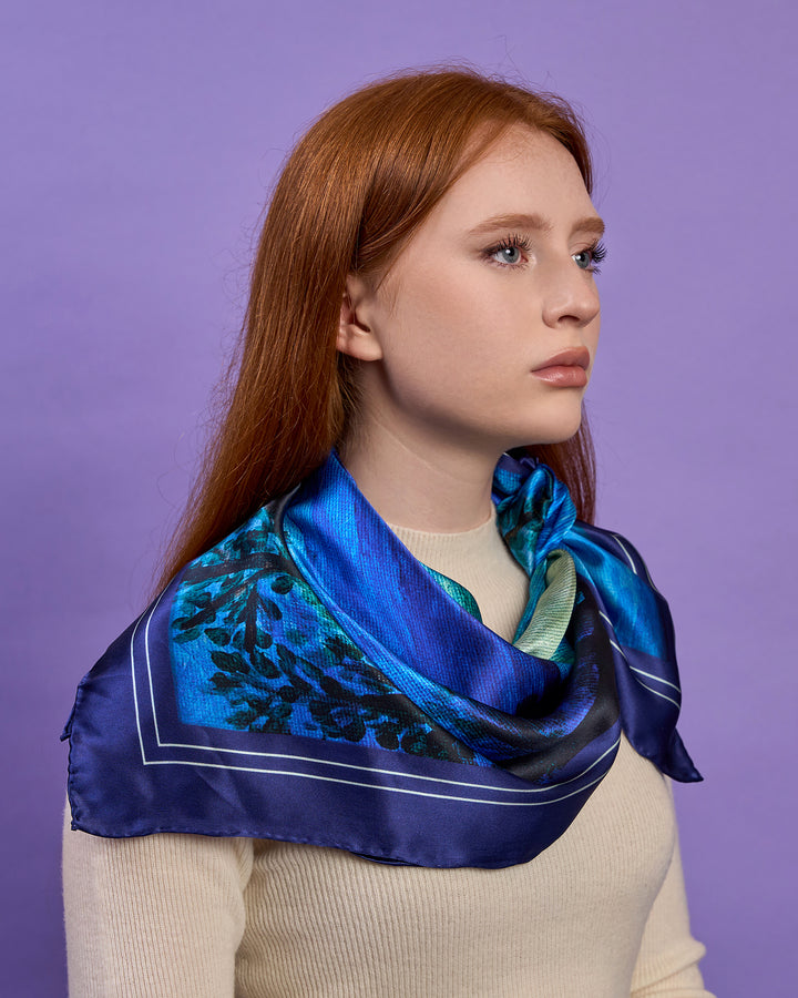 SUNRISE NAUTICAL Silk Scarf – Navy Blue – Hand-Rolled Edges, Multiple Sizes, Art-A-Porte Collection by Alesia Chaika