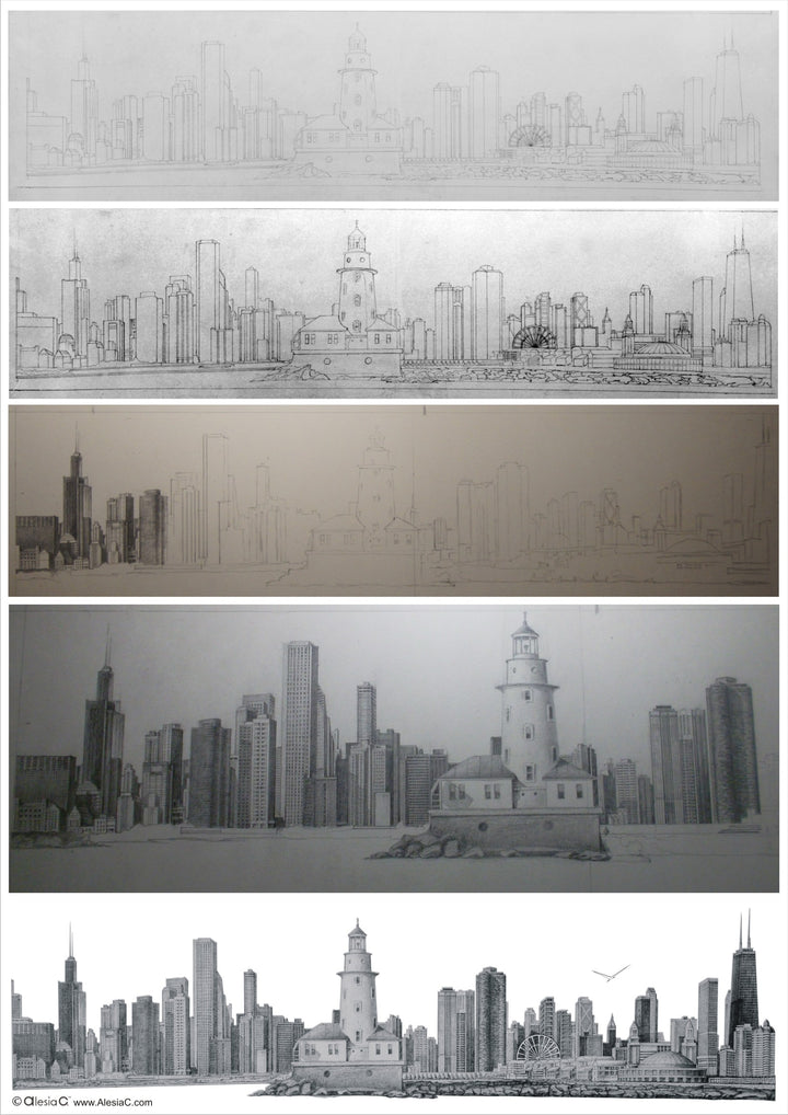 Chicago Skyline Canvas Pencil Illustration Giclée Print – Rolled