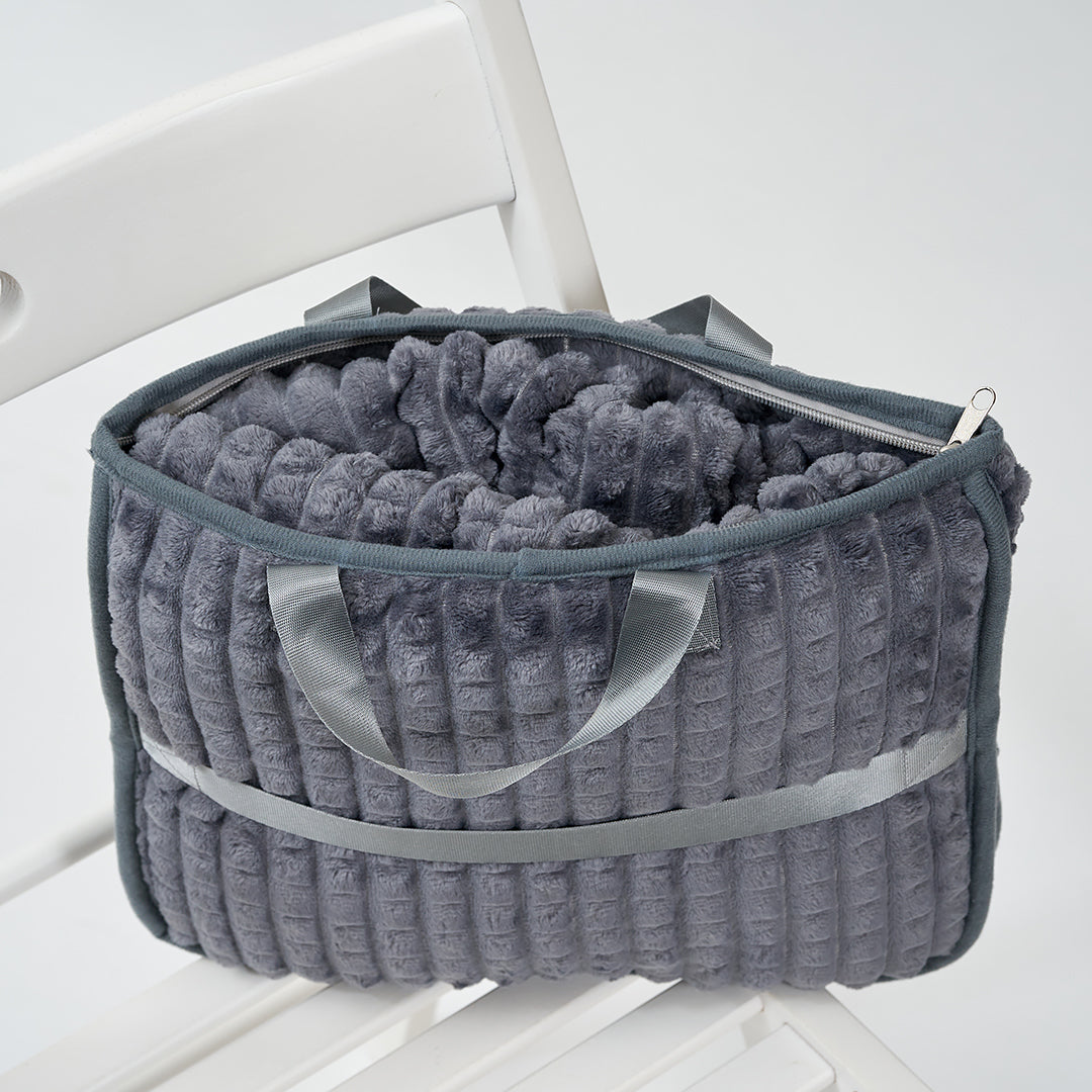 Alesia C. TRAVEL COZY 4-in-1 Blanket-Pillow-Bag Plaid Embossed Plush Velour Gray