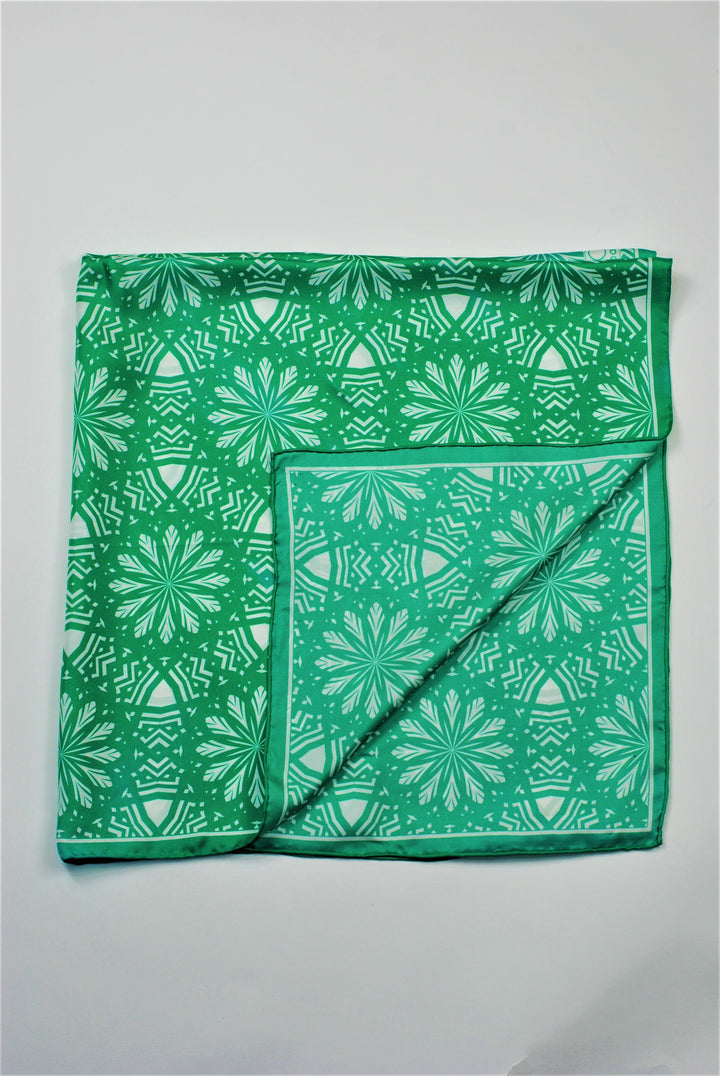 ASTER Spiritual Mandala Art Pure Silk Square Scarf in Green White by Chicago Fashion Designer Alesia Chaika Best Gift For Her