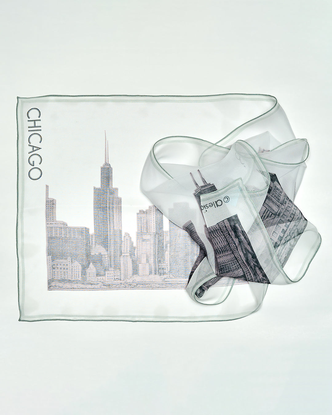 Chicago Skyline Silk Georgette Oblong Scarf – Blush and White