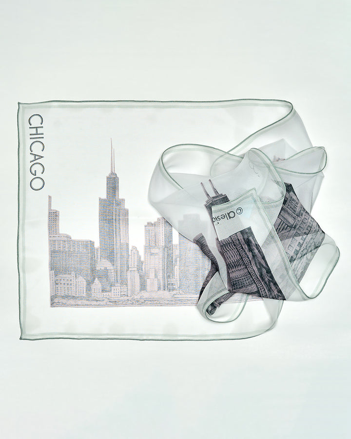 Chicago Skyline Silk Georgette Oblong Scarf – Blush and White