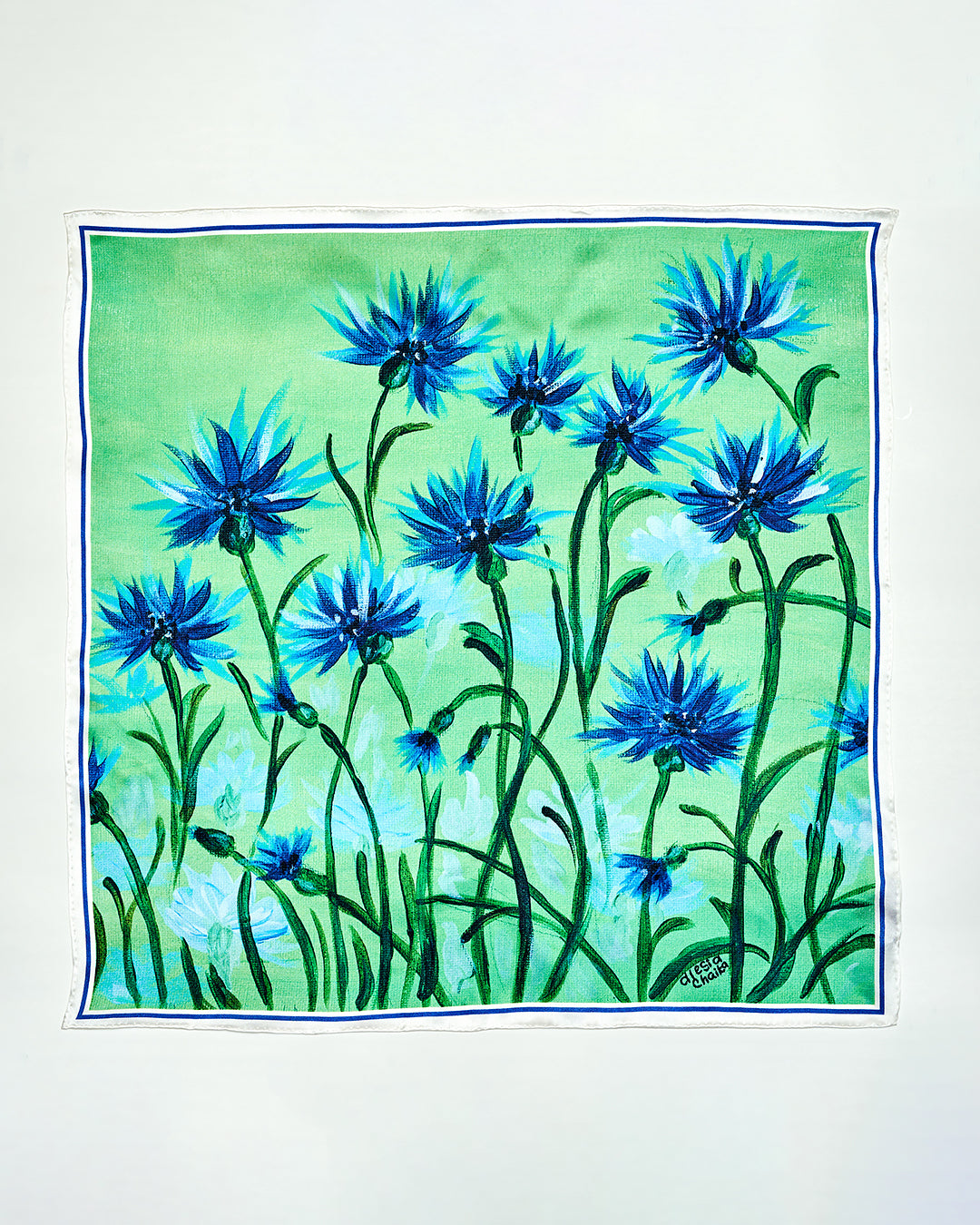 CORNFLOWERS DREAM Art-A-Porte Silk Scarf – Green and Blue
