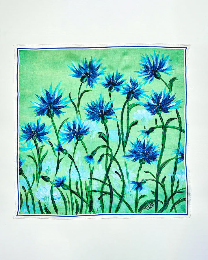 CORNFLOWERS DREAM Art-A-Porte Silk Scarf – Green and Blue