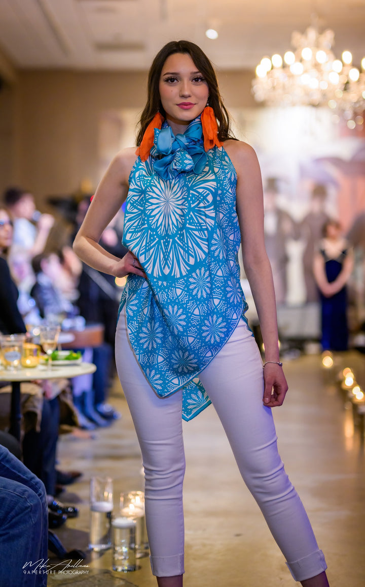 Serenity Mandala Silk Blouse – Turquoise/Teal/White – Adjustable Scoop Neck