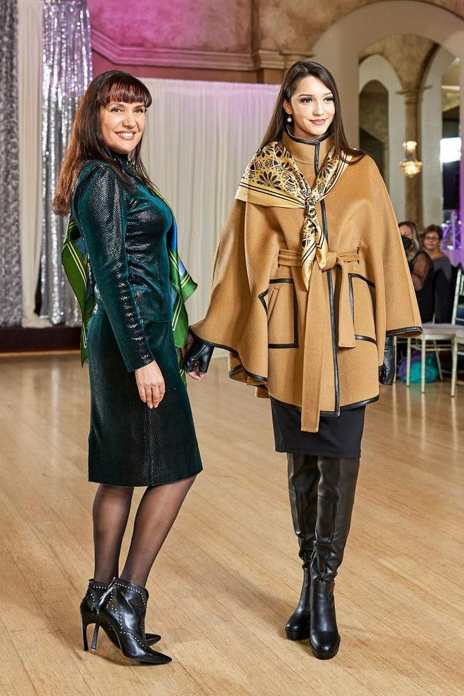 KIMONO Camel Belted Cape Coat in Virgin Wool Cashmere Black Leather