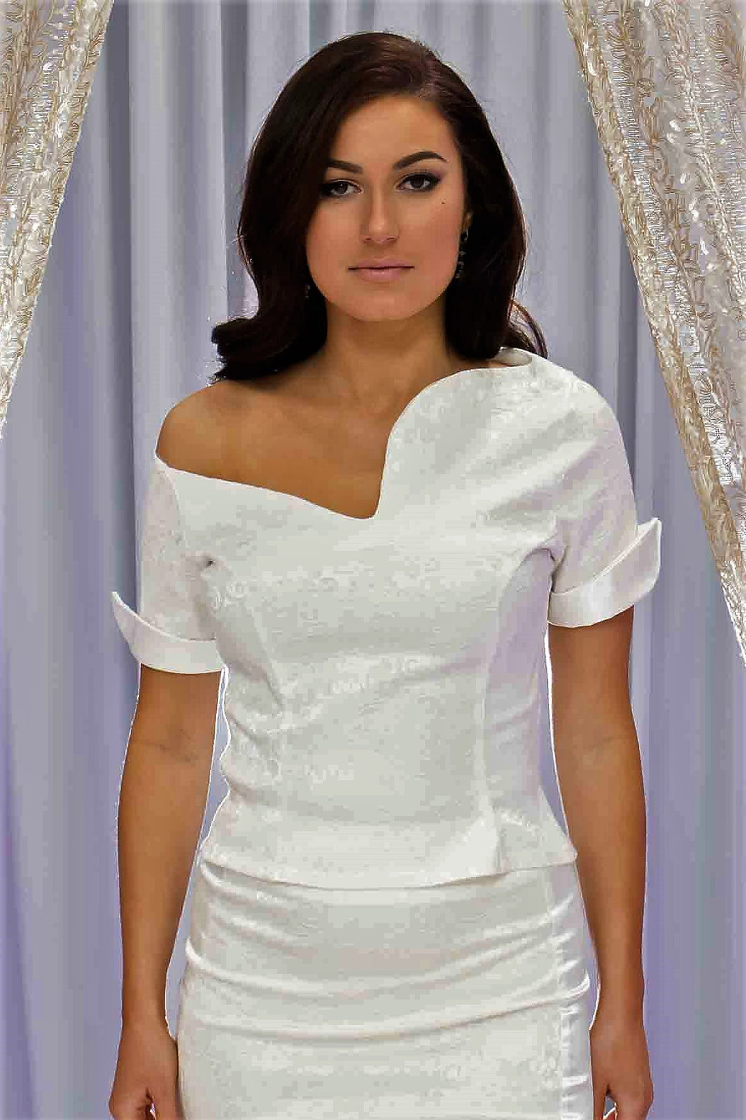 Yana Jacquard Bridal Top – Off-the-Shoulder Empress Neckline