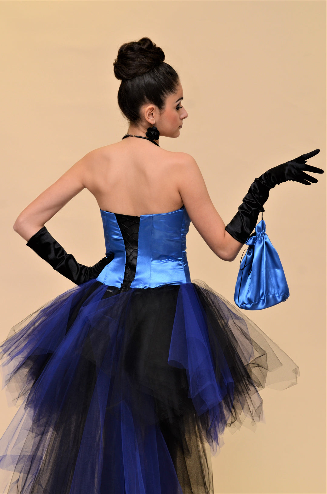 CHIC BIRD Strapless Blue Black Satin Tulle Puffy Evening Gown