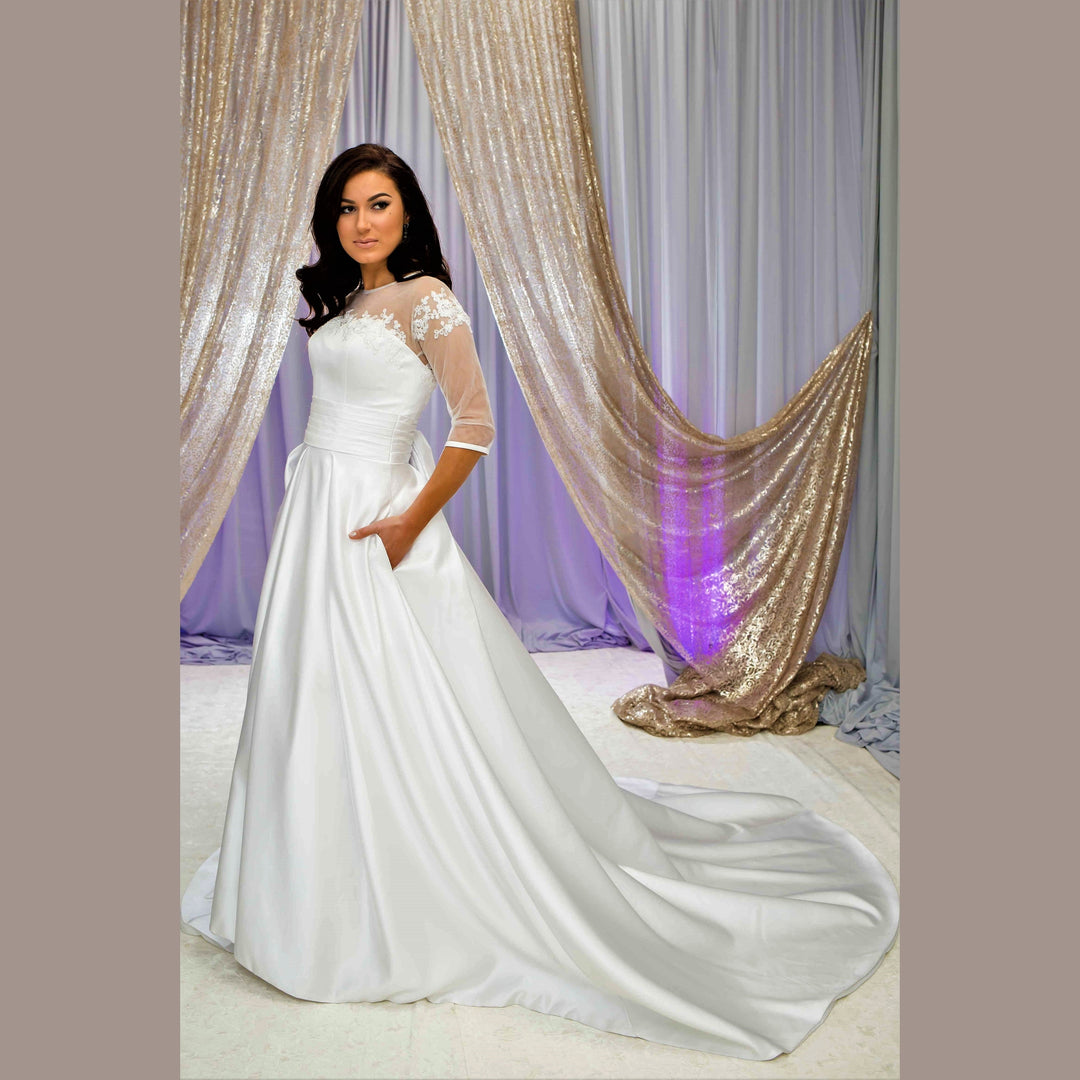 FLORET Illusion Neckline 3/4 Sleeves Satin White Ball Bridal Gown
