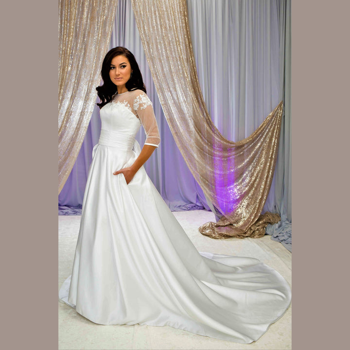 FLORET Illusion Neckline 3/4 Sleeves Satin White Ball Bridal Gown