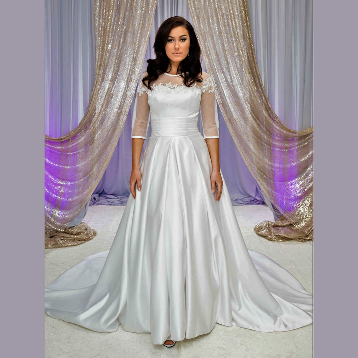 FLORET Illusion Neckline 3/4 Sleeves Satin White Ball Bridal Gown