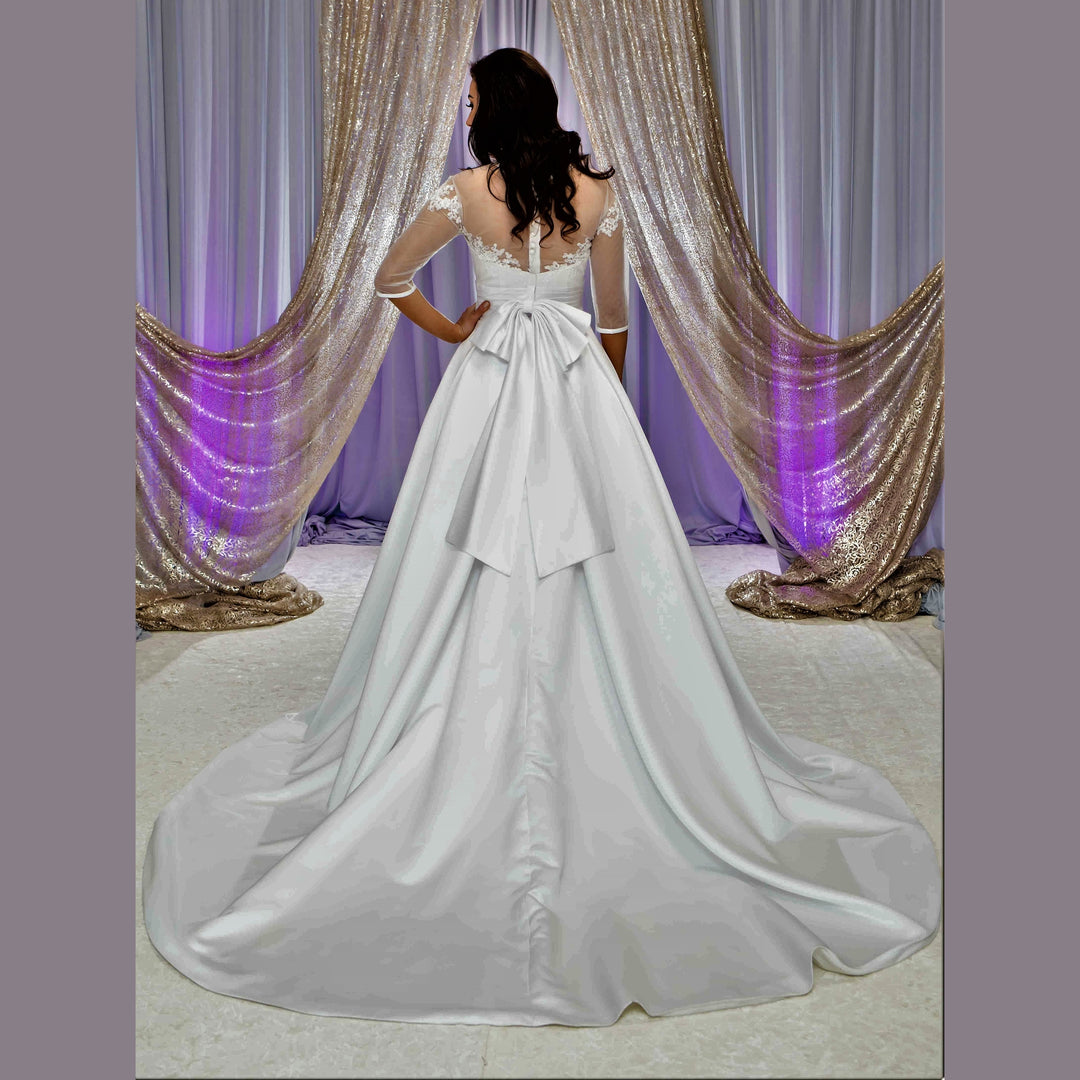 FLORET Illusion Neckline 3/4 Sleeves Satin White Ball Bridal Gown