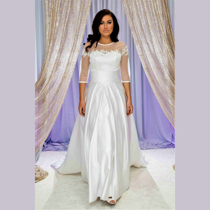 FLORET Illusion Neckline 3/4 Sleeves Satin White Ball Bridal Gown