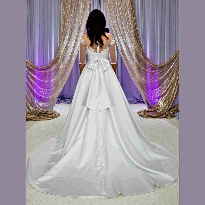 FLORET Illusion Neckline 3/4 Sleeves Satin White Ball Bridal Gown
