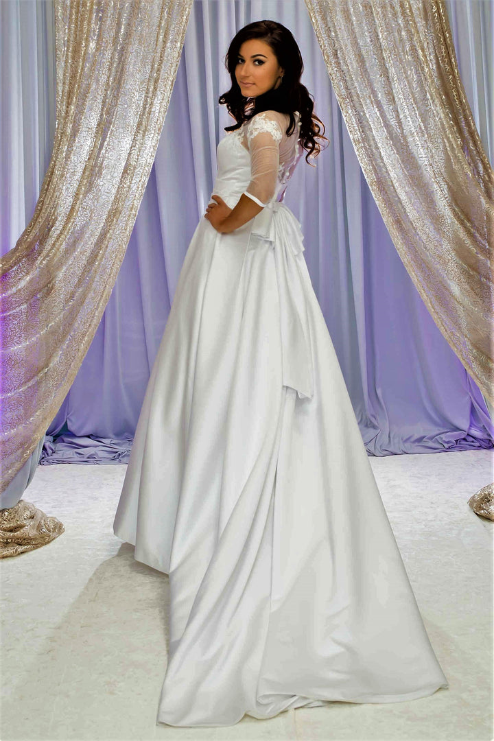 FLORET Illusion Neckline 3/4 Sleeves Satin White Ball Bridal Gown