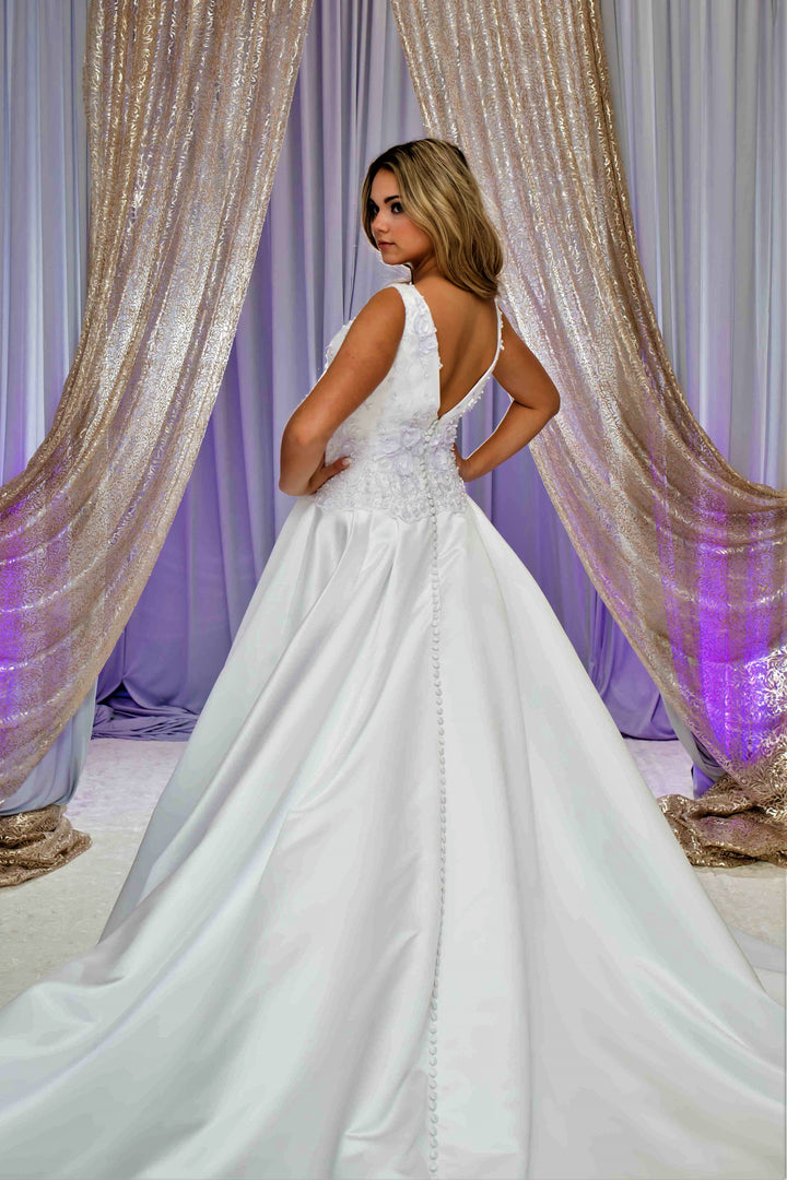 FLORINA 3D Floral Lace Plunging V-Neckline Satin Ball Bridal Gown