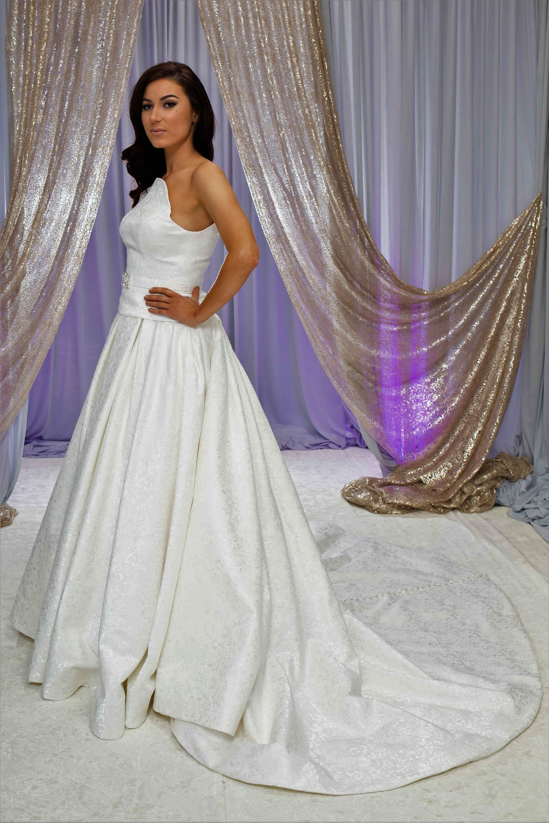 Cicilia Jacquard A-Line Long Bridal Skirt – Satin Fabric – Off White – Cathedral Train