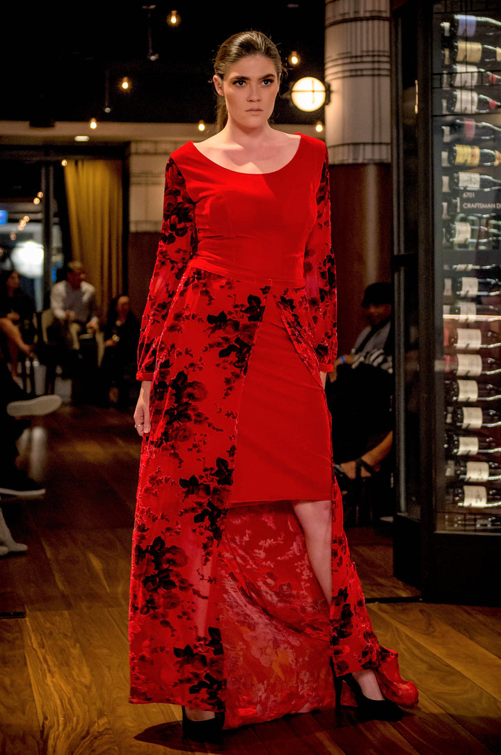 CAMELLIA Two-Piece Red Pure Silk Velvet Couture Evening Gown