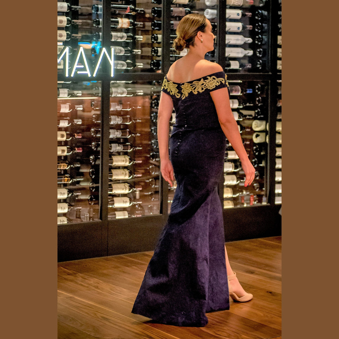 GOLD NIGHT Fit And Flare Navy Blue Stretch Jacquard Evening Gown