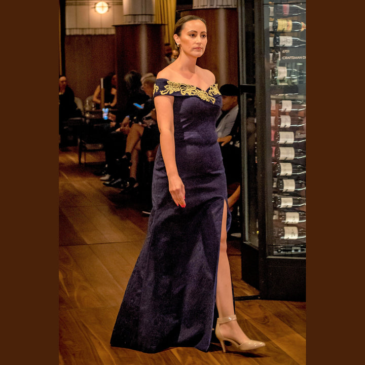 GOLD NIGHT Fit And Flare Navy Blue Stretch Jacquard Evening Gown
