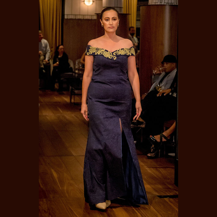 GOLD NIGHT Fit And Flare Navy Blue Stretch Jacquard Evening Gown