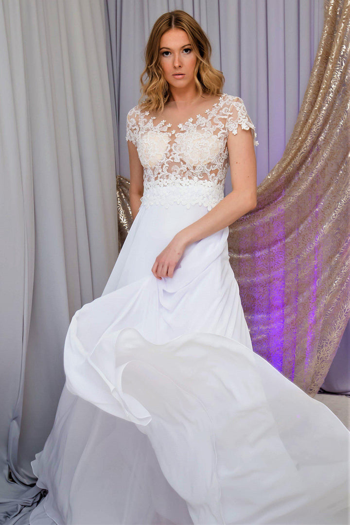 LAVANDA Illusion Bodice White Lace Chiffon Bridal Gown