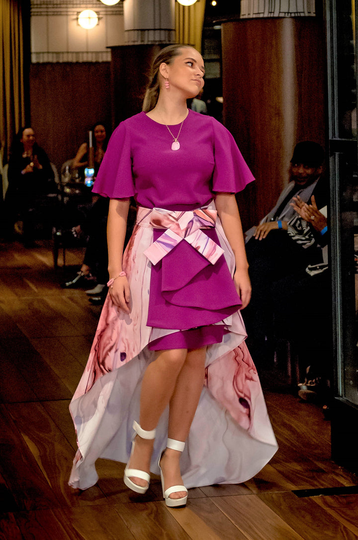 Waves Two-Piece Midi Dress with High-Low Removable Skirt – Fuchsia/Multicolor