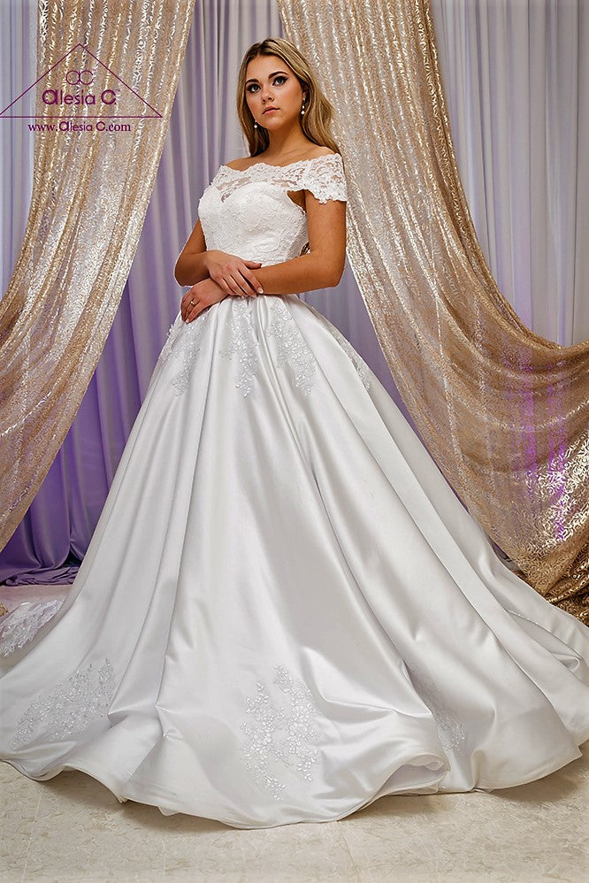 QUEENA Off-The-Shoulder Satin Dramatic Full Ball Bridal Gown – Alesia C