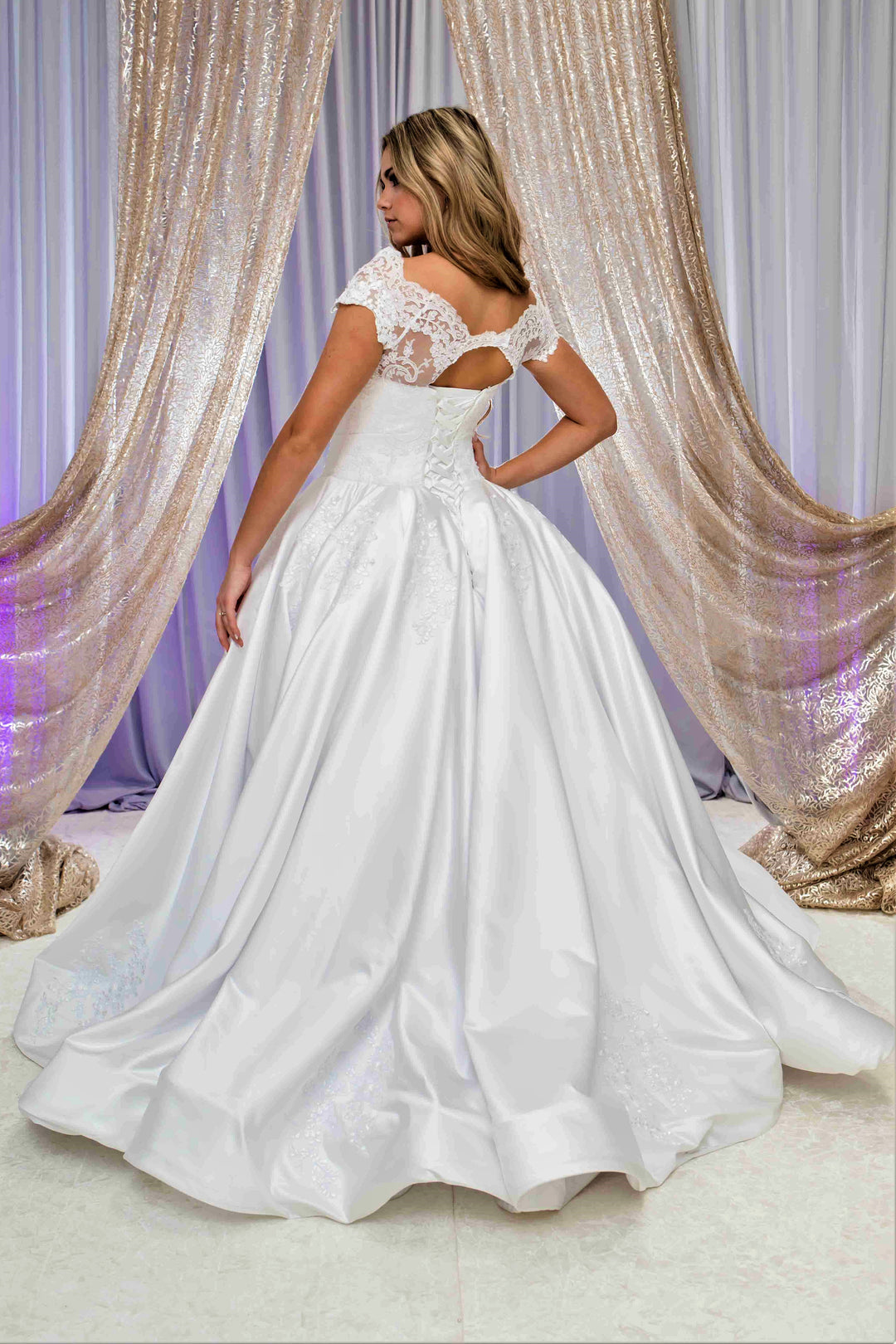 QUEENA Off-The-Shoulder Satin Dramatic Full Ball Bridal Gown