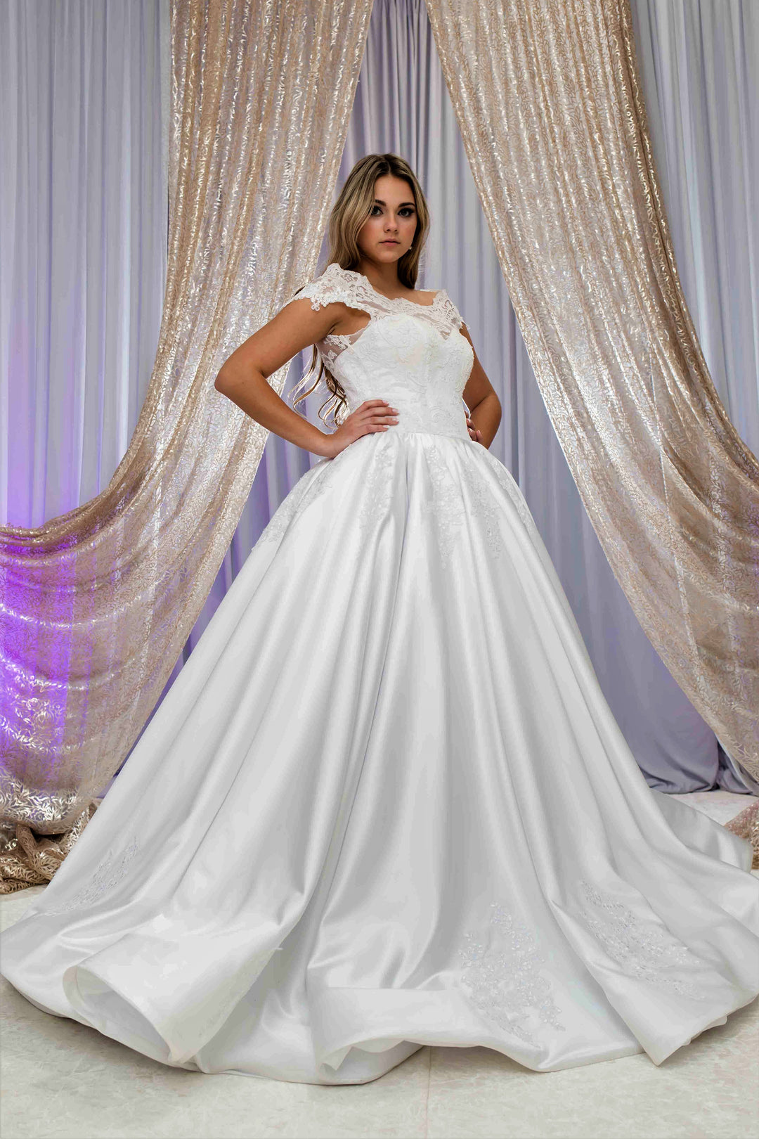 QUEENA Off-The-Shoulder Satin Dramatic Full Ball Bridal Gown