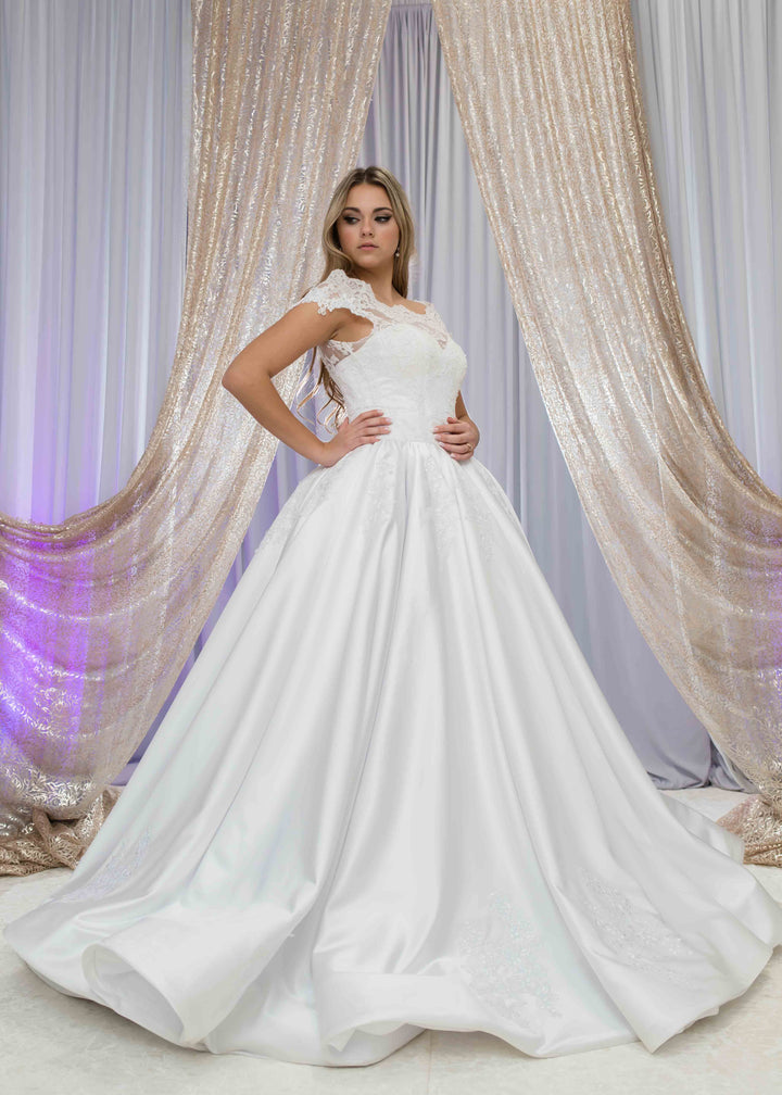 QUEENA Off-The-Shoulder Satin Dramatic Full Ball Bridal Gown