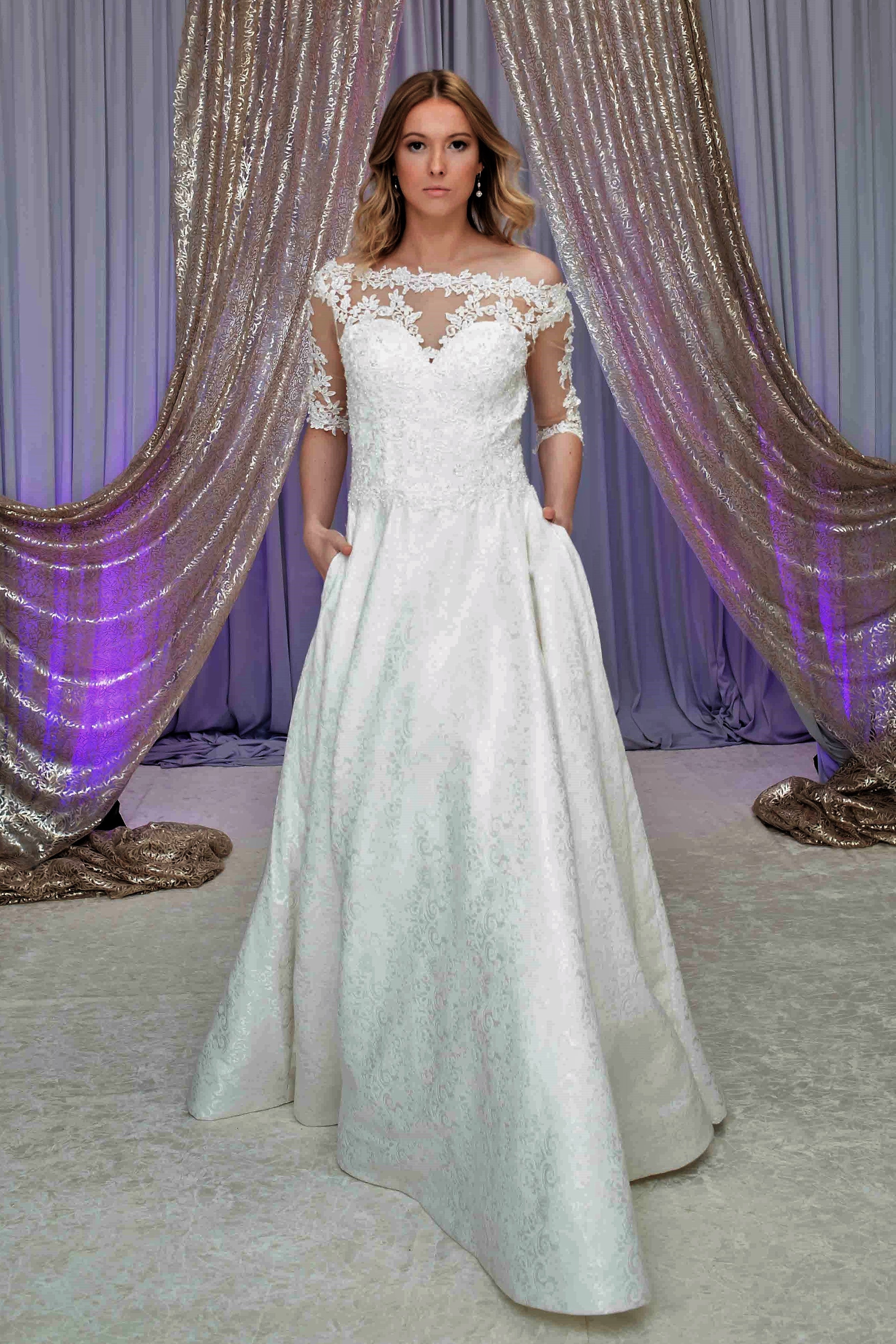 VENICIA Illusion Neckline Lace Sleeves Royal Jacquard A Line