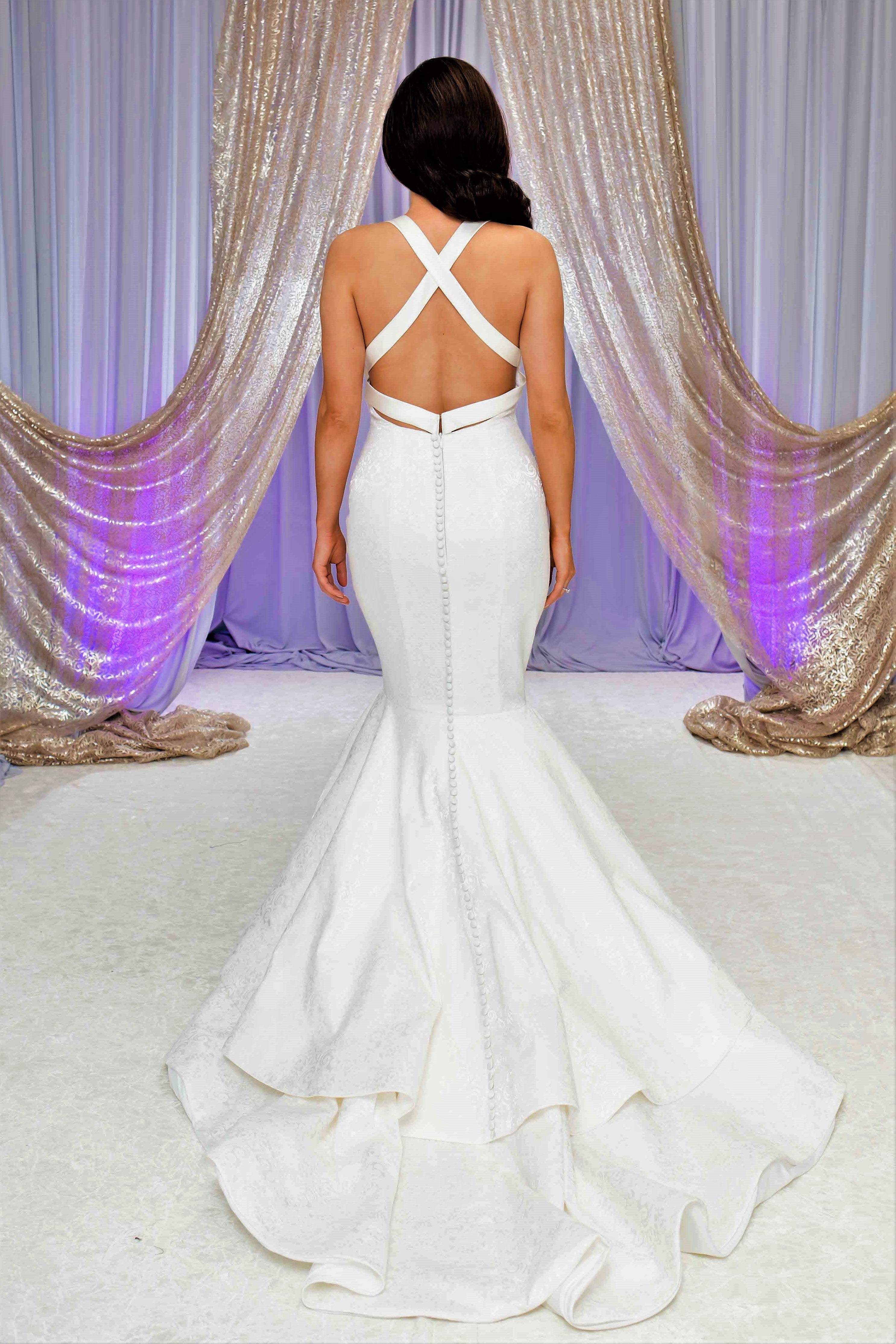 LESIA Halter Neck Cross Back Mermaid Royal Jacquard Bridal Gown Alesia C LESIA Halter Neck Cross Back Mermaid Royal Jacquard Bridal Gown Alesia C