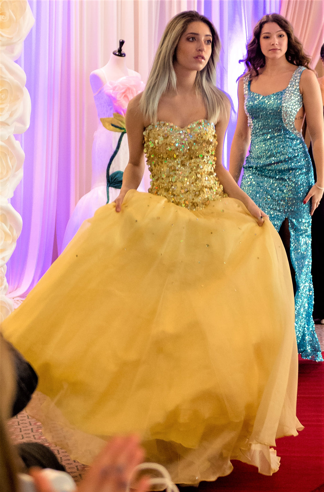 SUNFLOWA Yellow Organza Strapless Ball Evening Gown
