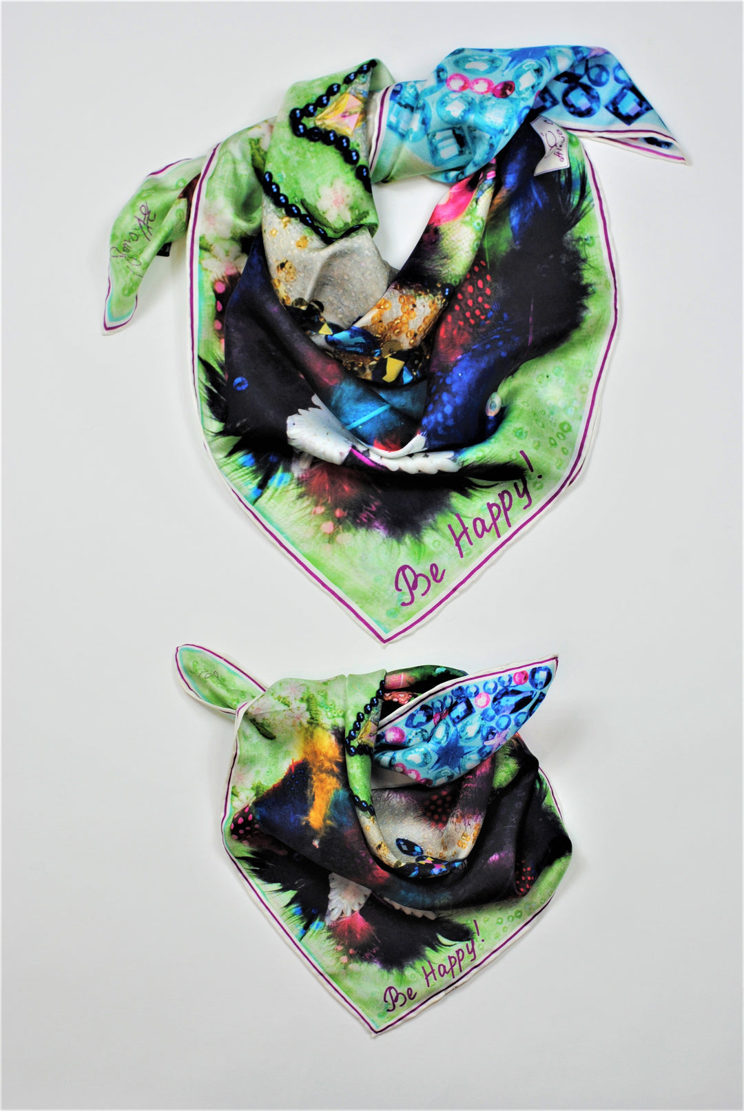 Best Gift For her BE HAPPY Wearable Art Pure Silk Scarf Bird Of happiness Bright 100% Silk Shawl by Chicago Fashion Designer Alesia Chaika
