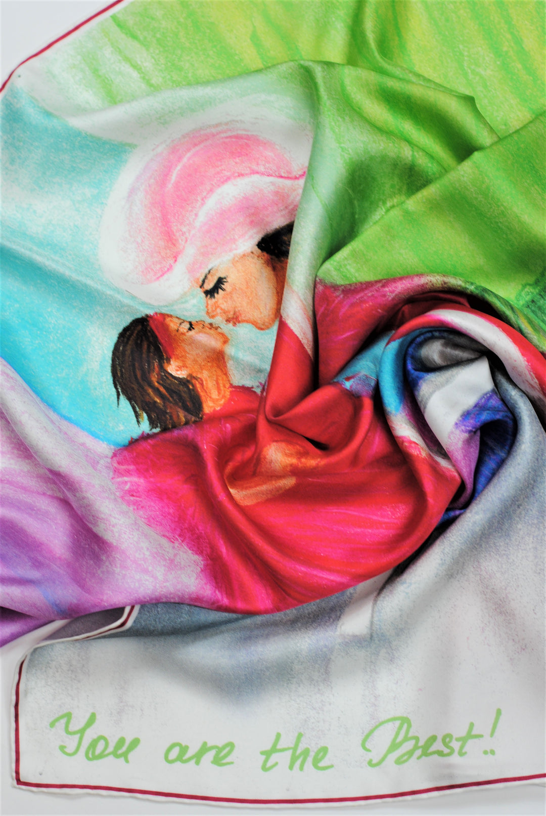 YOU ARE THE BEST Wearable Art Pure Silk Scarf 34'x34" by Alesia Chaika Love Story of Mother and daughter fine wearable art