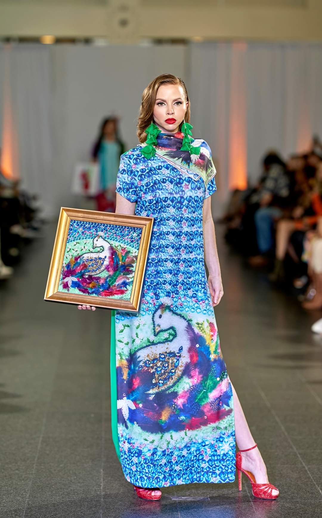 Summer Bright Maxi Dress With Sleeves Scoop NeckWearable Art BE HAPPY by artist Alesia Chaika Made In USA Featured at the Museum Of Contemporary Art Chicago in the charity runway fashion show and artworks exhibition