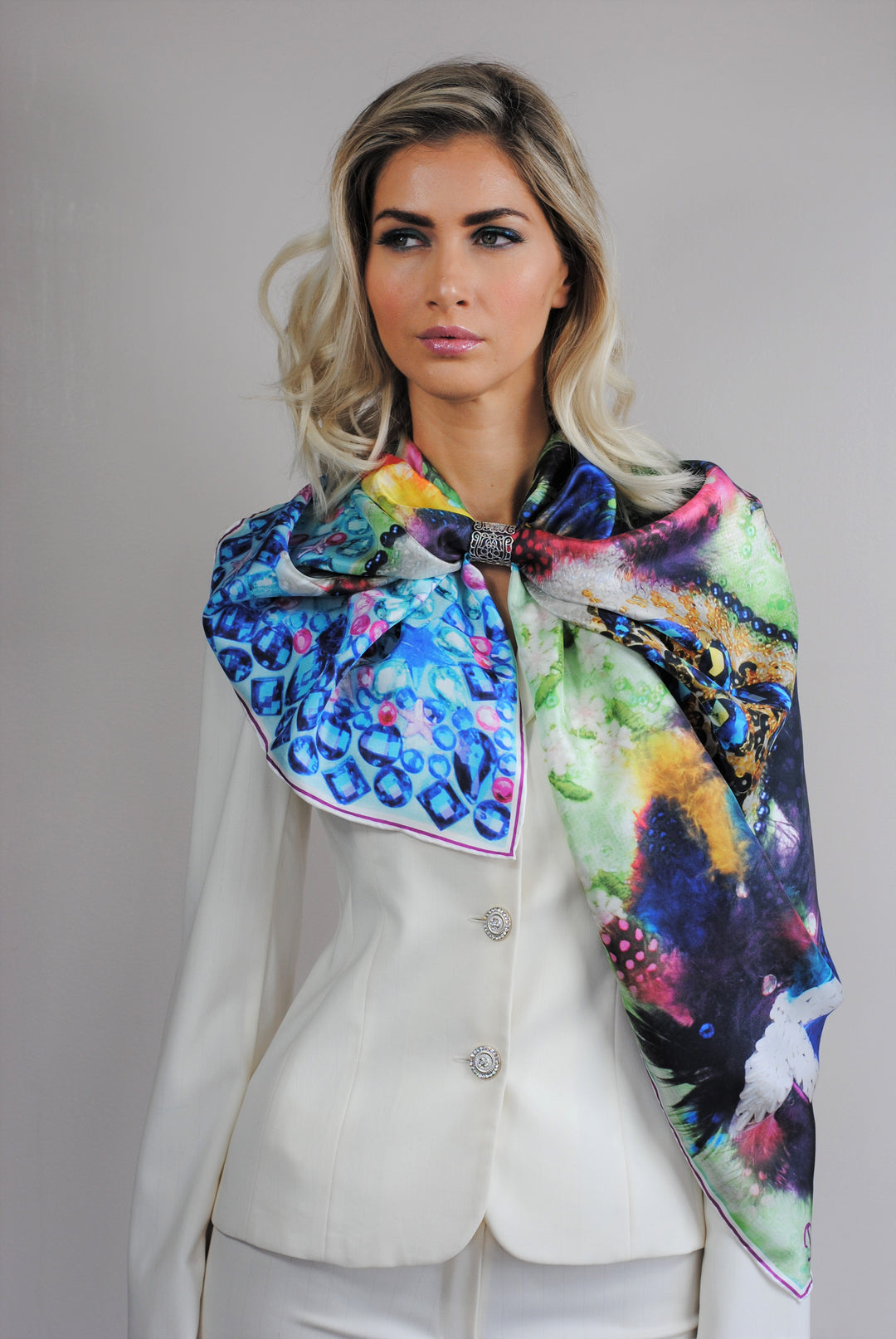 Bird of Happiness Silk Square Scarf – Multicolor – Hand Rolled Edges