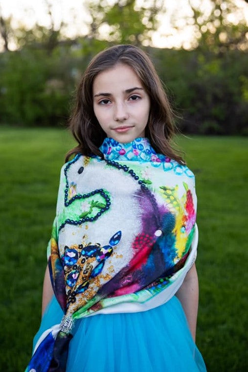 Fine Art Copy Best Gift For her BE HAPPY Wearable Art Pure Silk Scarf Bird Of happiness Bright 100% Silk Shawl by Chicago Fashion Designer Alesia Chaika