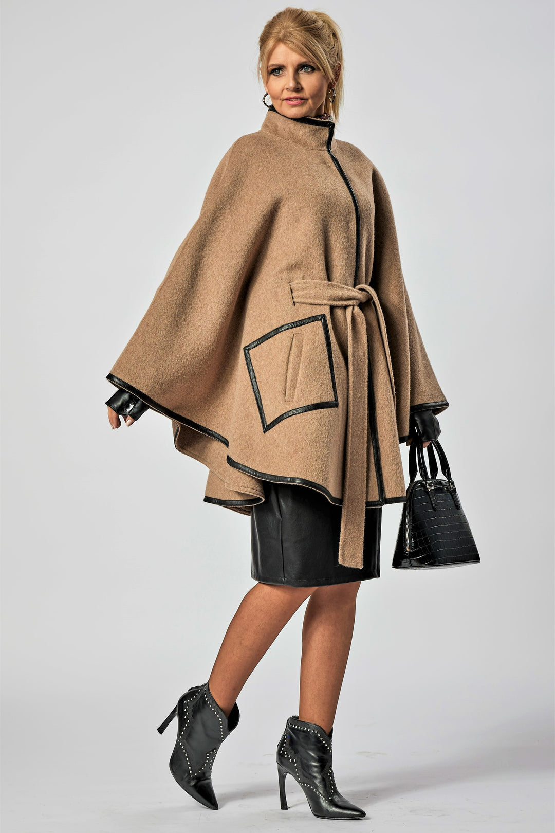 Beige Alpaca Wool Belted Cape Poncho Coat Brown Leather