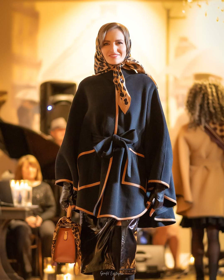 KIMONO Black Belted Short Cape Coat in Virgin Wool Cashmere Black Leather