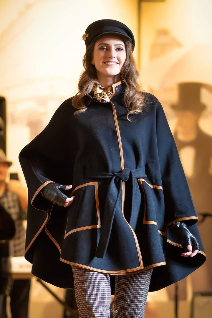 Black Wool Cashmere Belted Cape Poncho Coat Brown Leather by Alesia Chaika