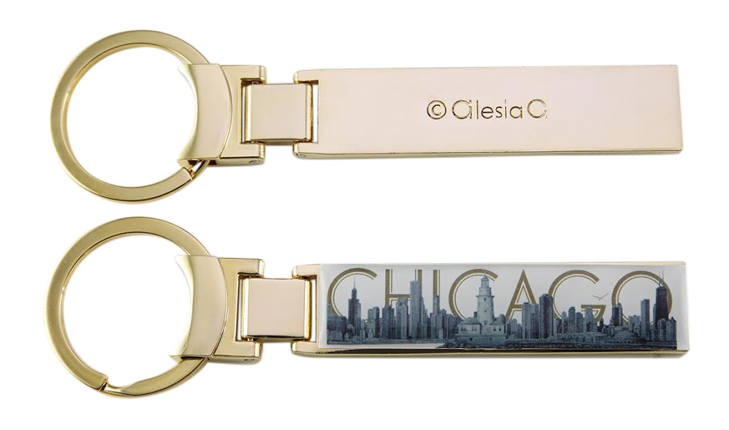 Chicago Skyline Pencil Illustration Metal Keychain Ring – Gold Plated