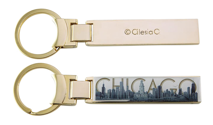 Chicago Skyline Pencil Illustration Metal Keychain Ring – Gold Plated