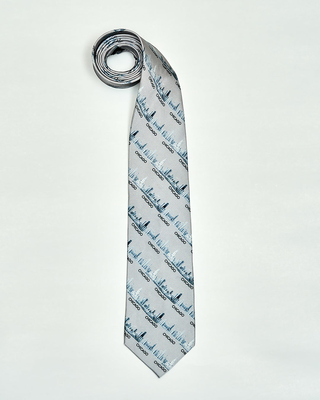Chicago Skyline Silk Necktie – Pencil Illustration Design – Light Gray