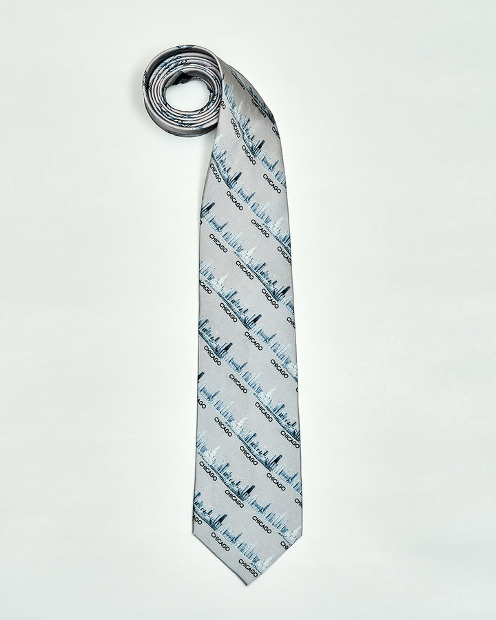 Chicago Skyline Silk Necktie – Pencil Illustration Design – Light Gray