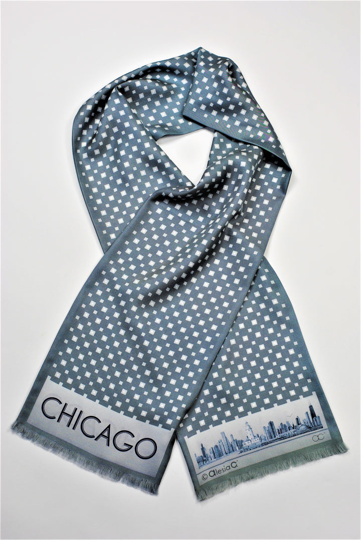 Chicago Skyline Double-Sided Silk Scarf – Long Rectangle – Gray and White