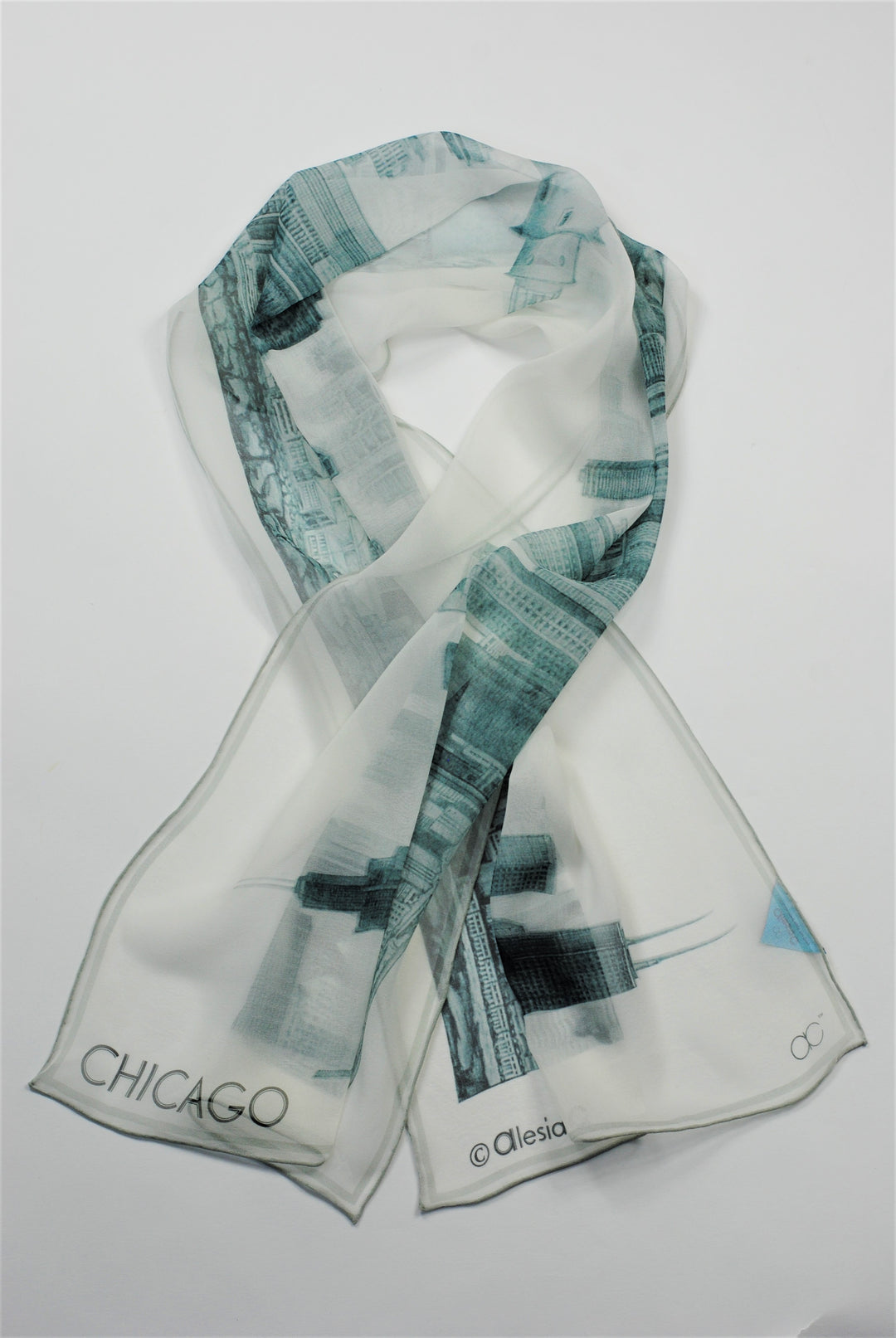 Chicago Skyline Silk Georgette Rectangle Scarf in Gray and White – Alesia C. Collection