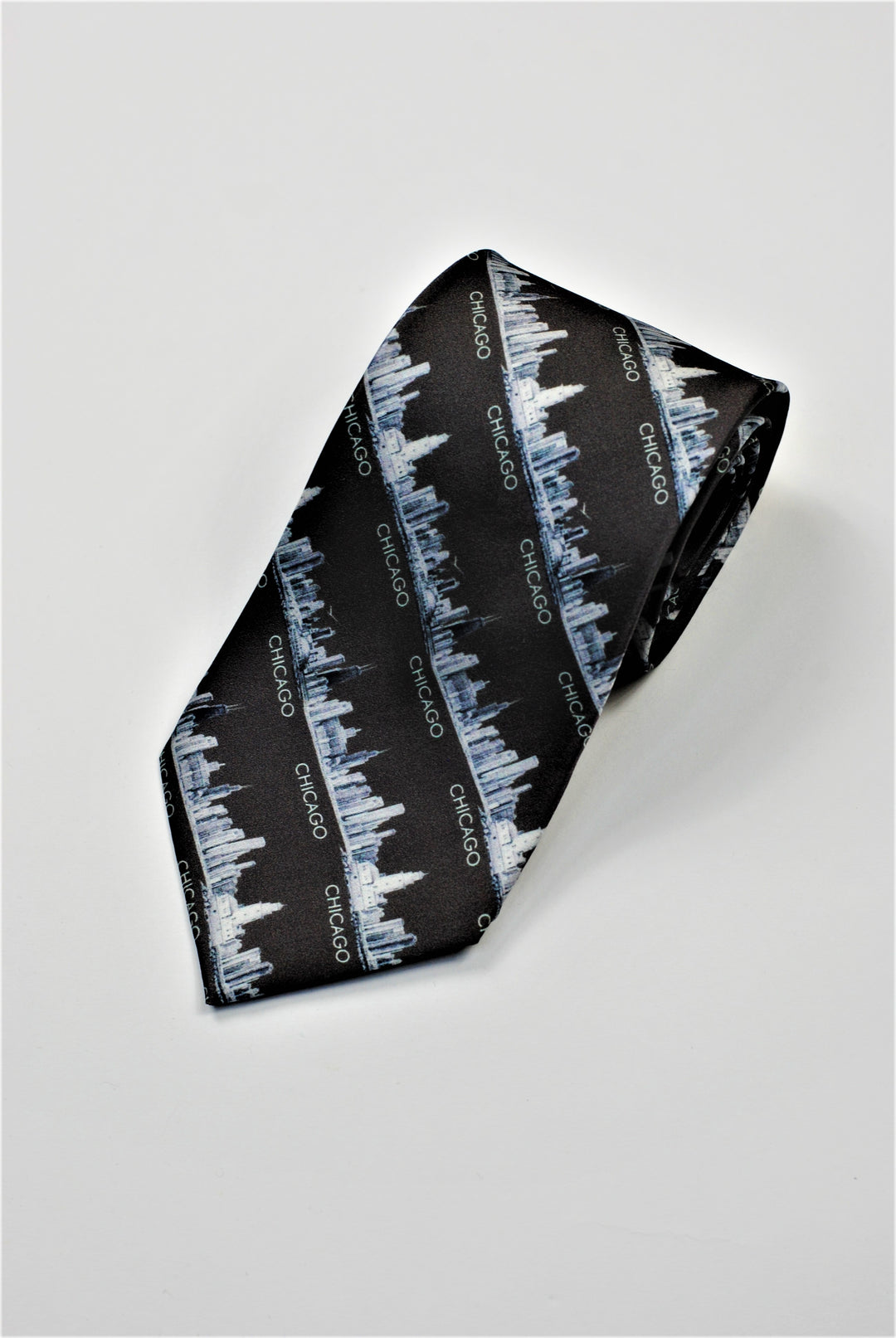 Chicago Skyline Silk Necktie – Pencil Illustration Design – Black