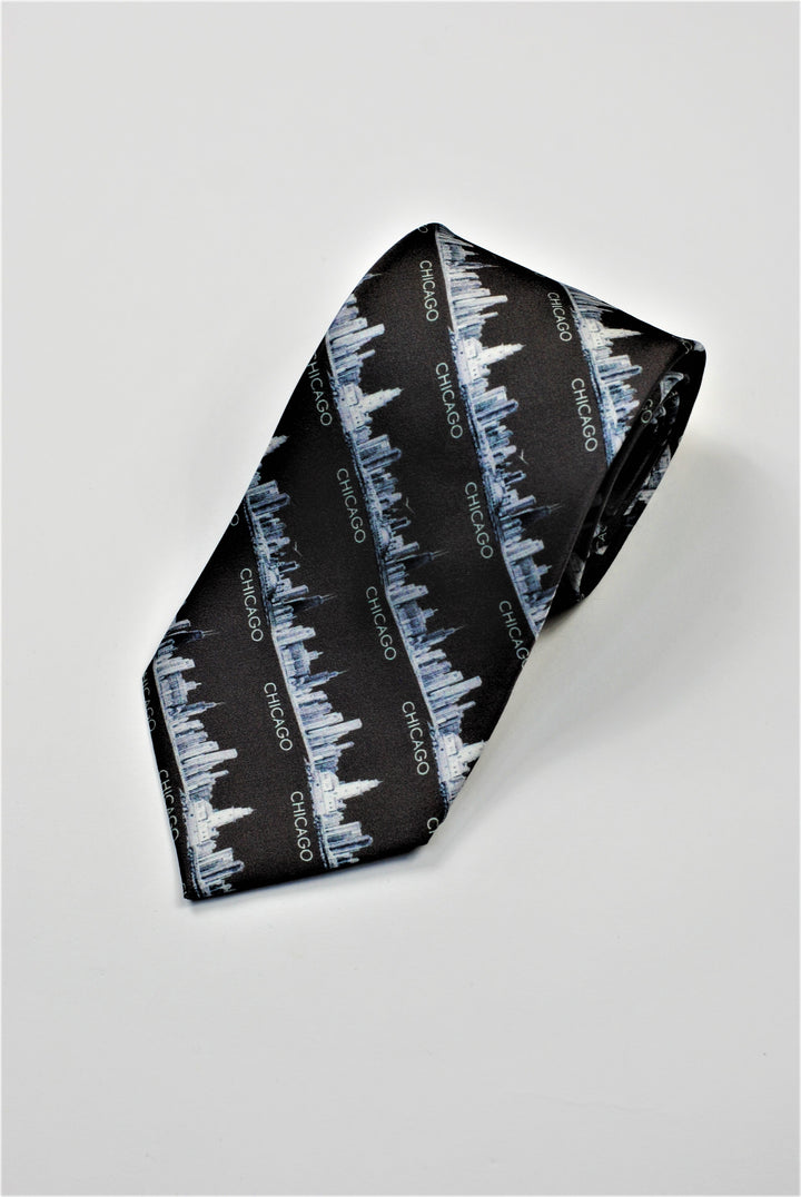Chicago Skyline Silk Necktie – Pencil Illustration Design – Black